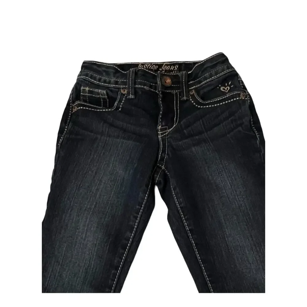 Justice Girls Jeans Size 8S Dark Wash Cuffed Hem Pockets Snap Close Lose Kids